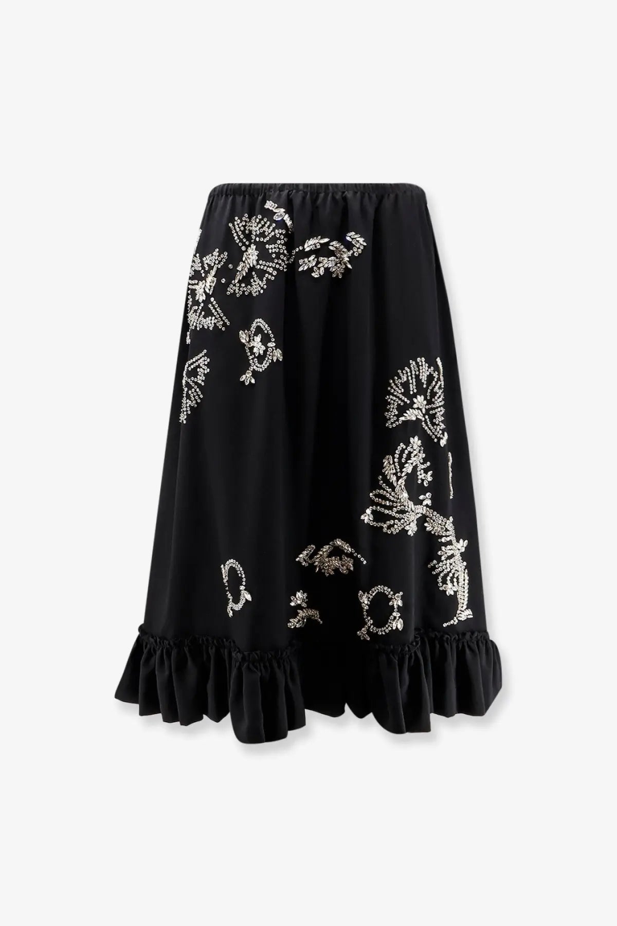 Dries Van Noten women’s Samila black skirt with white floral embroidery and ruffled hem in front view