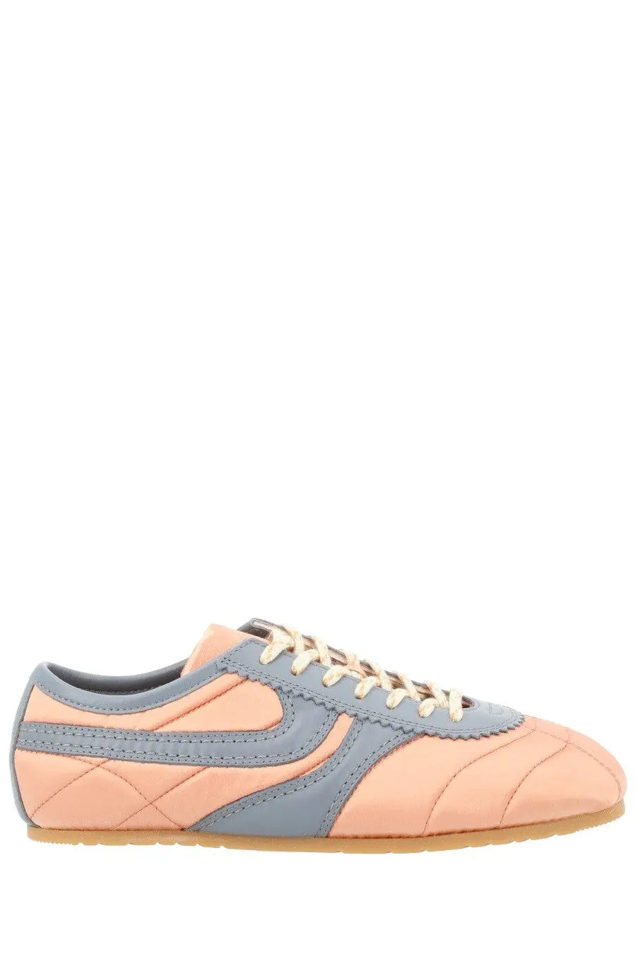 Dries Van Noten women’s satin sneaker in pastel peach and muted blue quilted leather with cream laces