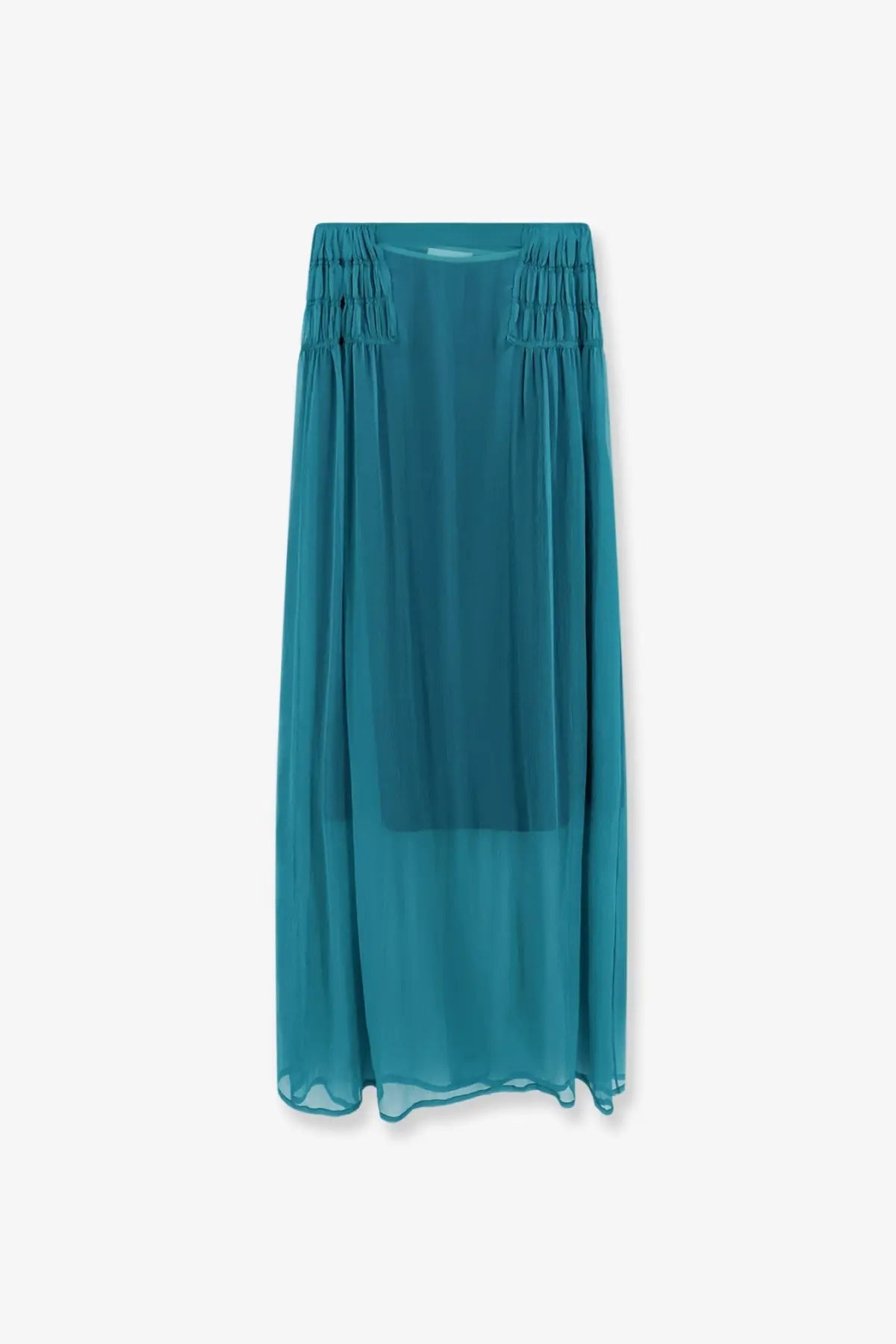 Dries Van Noten women’s scarlett silk skirt blue flowing teal chiffon maxi skirt with gathered waistband and side pleats