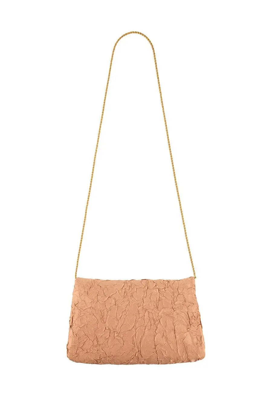 Dries Van Noten women’s shoulder bag beige blush pink clutch with textured crinkled surface and gold chain strap