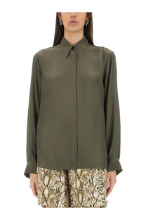 Olive green satin blouse with classic collar and long sleeves made of silk blend by dries van noten