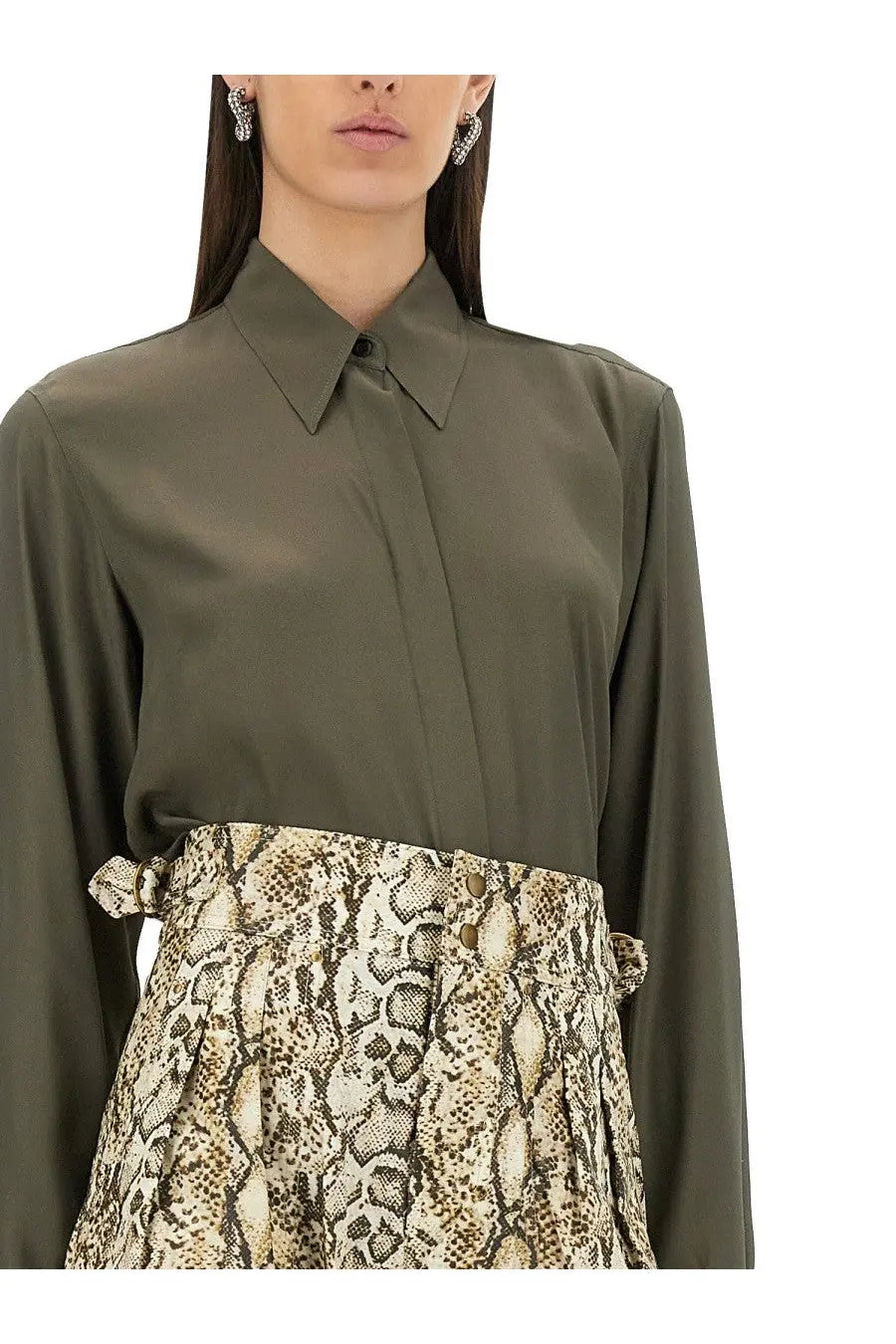 Dries Van Noten women’s olive green silk blend satin button-down shirt with crisp collar and long sleeves