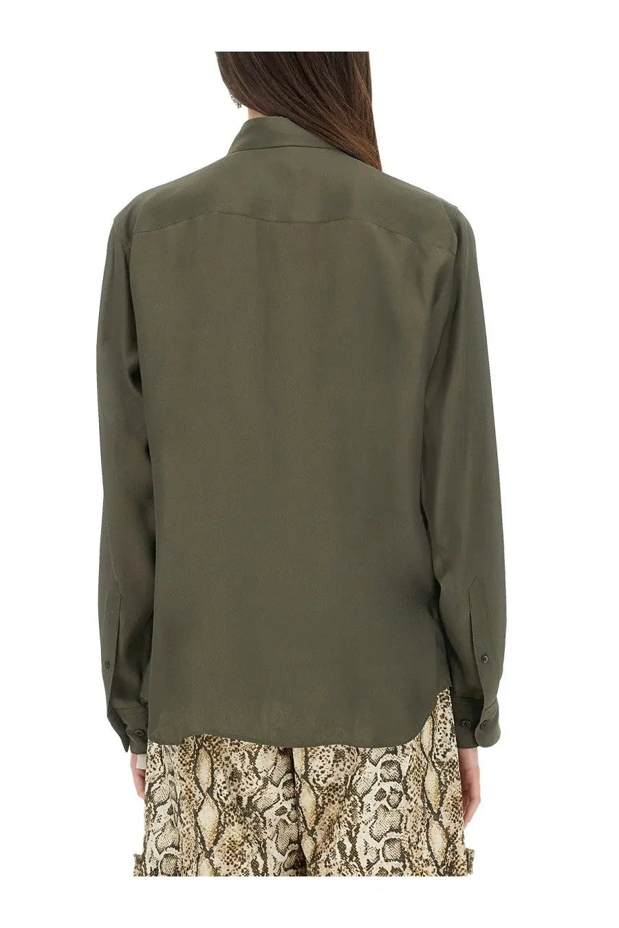 Dries Van Noten women’s olive green silk blend satin long-sleeved button-up shirt with classic collar and seam details