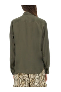 Dries Van Noten women’s olive green silk blend satin long-sleeved button-up shirt with classic collar and seam details