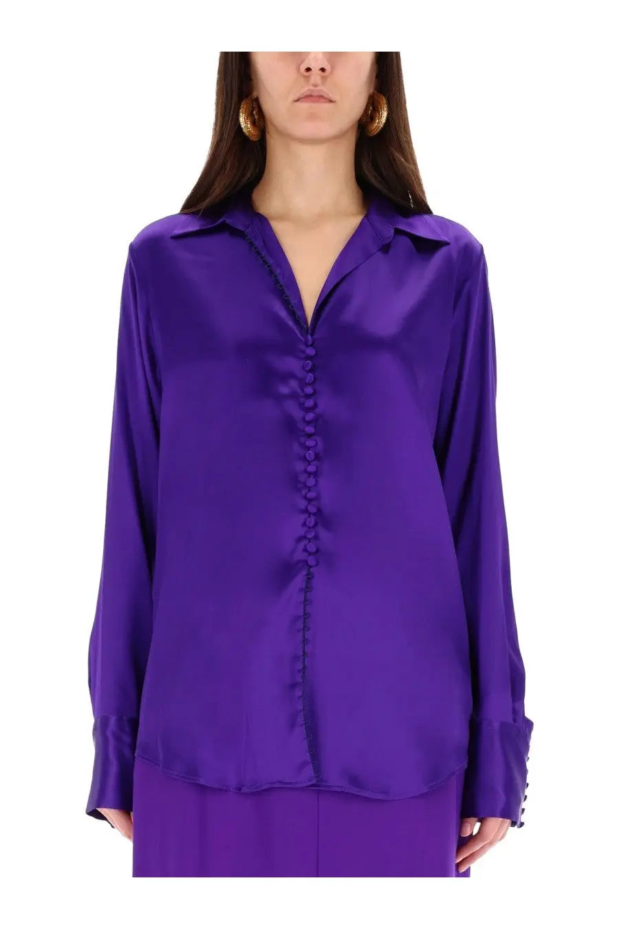 A vibrant purple satin blouse with a classic collar and button closure in dries van noten women’s silk shirt purple
