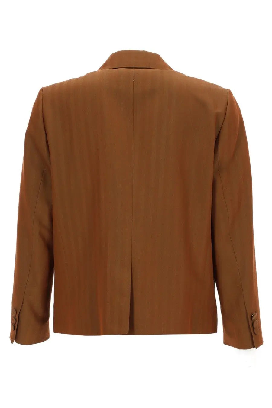 A sleek camel-colored single breasted blazer with smooth fabric finish and classic tailored design by Dries Van Noten