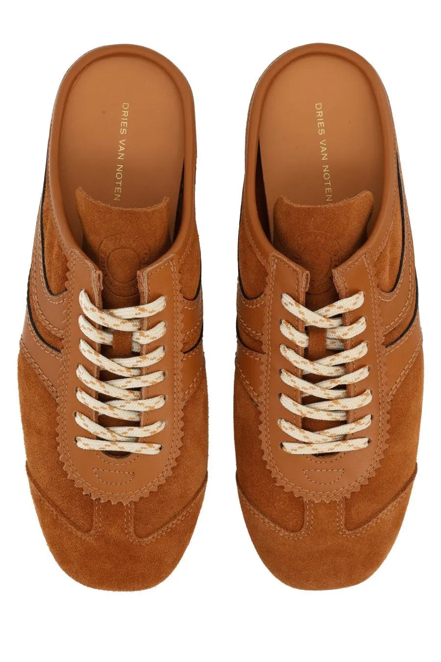 Dries Van Noten women’s slip on sneaker in tan suede with cream patterned laces and slip-on design
