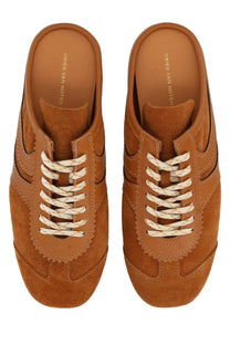Dries Van Noten women’s slip on sneaker in tan suede with cream patterned laces and slip-on design