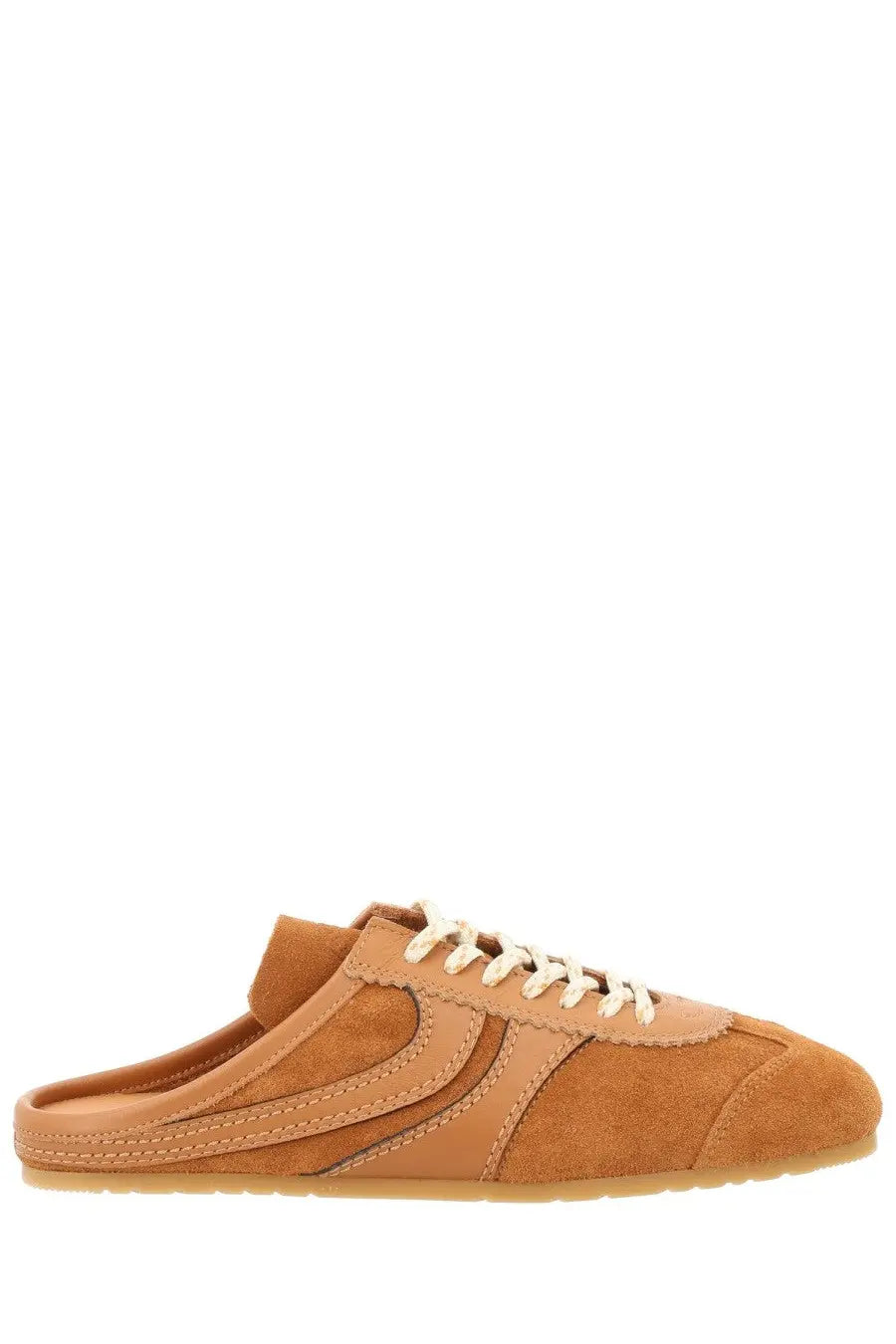 Dries Van Noten women’s slip on sneaker in tan suede with cream laces and minimalist design brown color