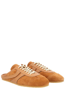 Dries van noten women’s slip on sneaker brown tan suede mules with cream laces and minimalist design front view