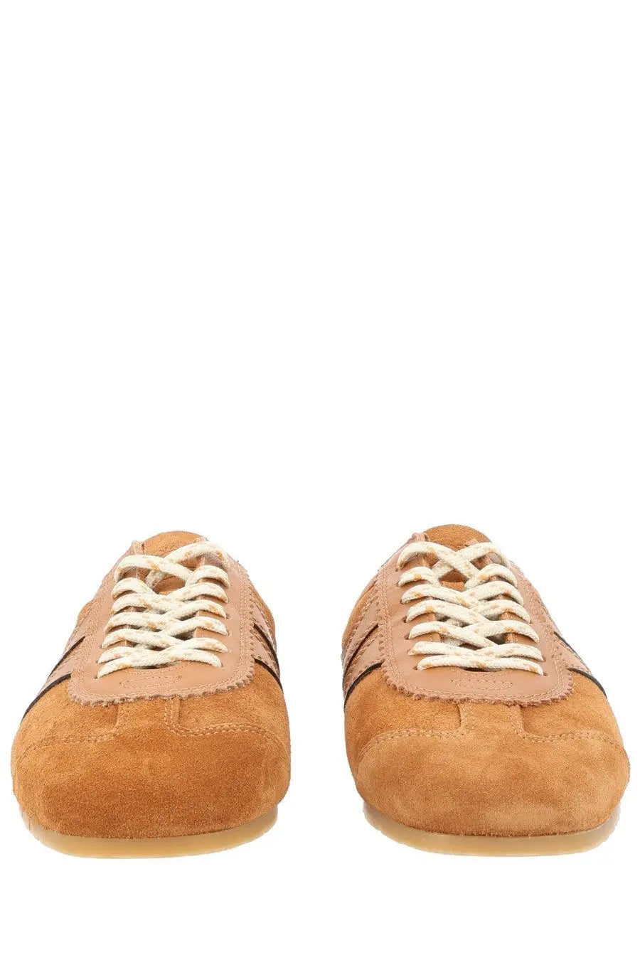 Dries Van Noten women’s slip on sneaker in tan suede with cream laces and dark brown stripes