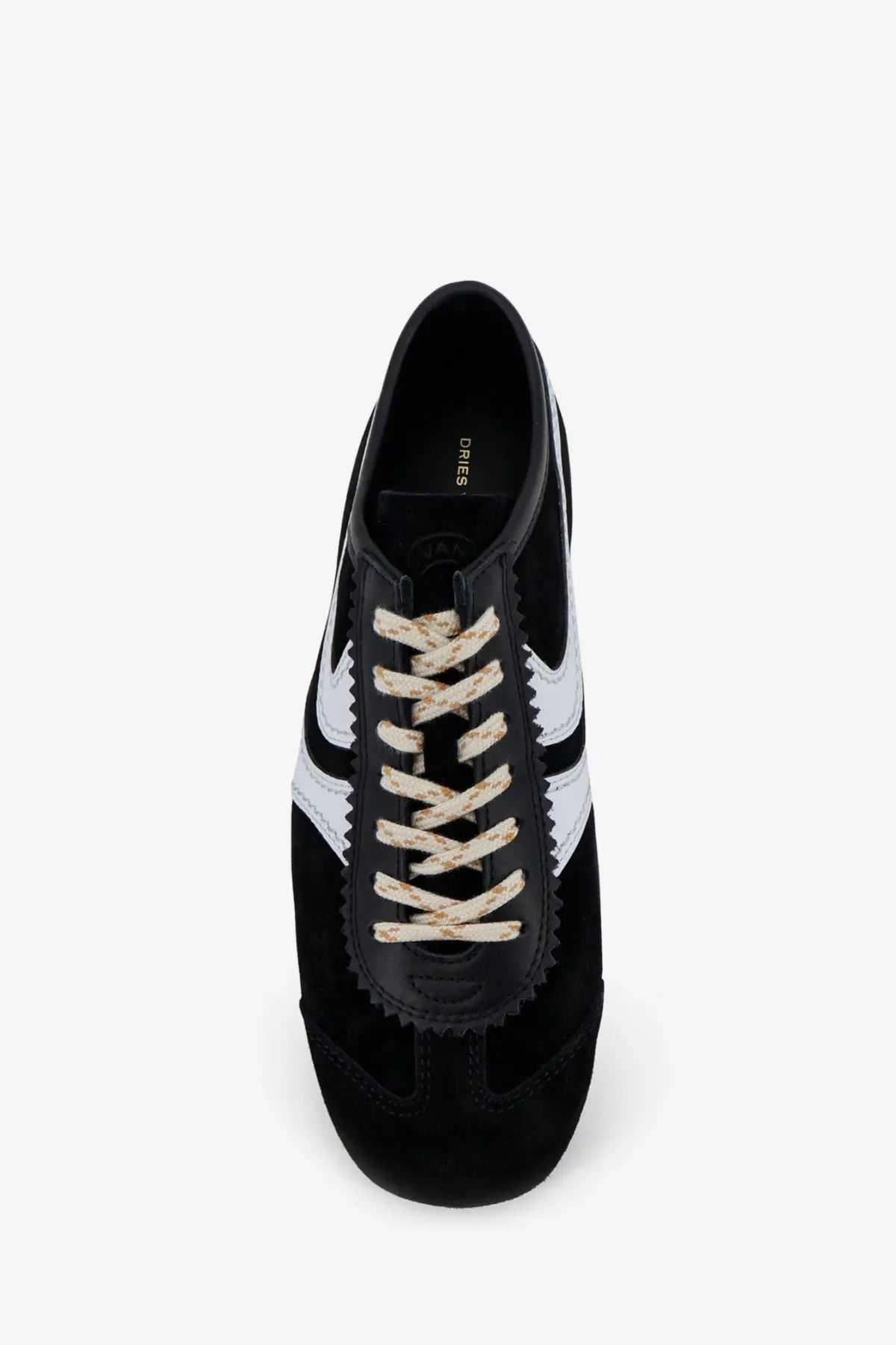 Dries Van Noten women’s suede sneakers in black with white side stripes and cream patterned laces