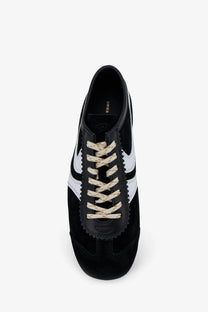 Dries Van Noten women’s suede sneakers in black with white side stripes and cream patterned laces
