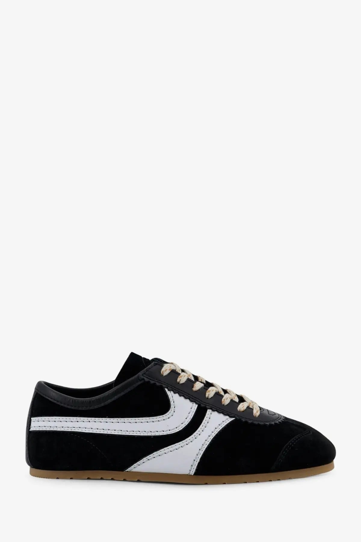 Dries van noten women’s suede sneakers in black featuring white leather and classic retro design
