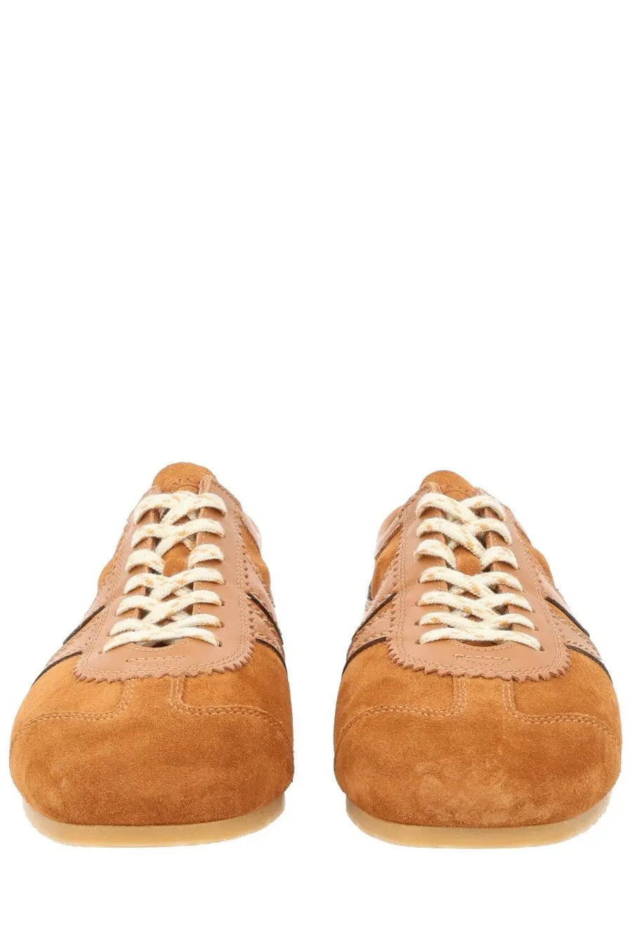 Dries Van Noten women’s suede sneakers in brown with tan suede upper cream laces and classic low-top design