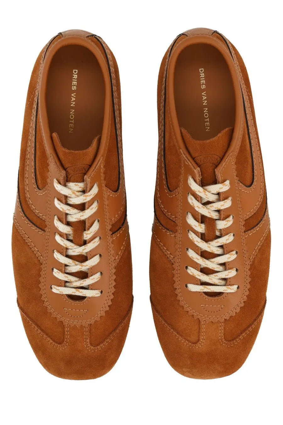 Dries van noten women’s suede sneakers in tan suede and leather with cream-colored laces in brown tone