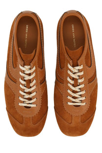 Dries van noten women’s suede sneakers in tan suede and leather with cream-colored laces in brown tone