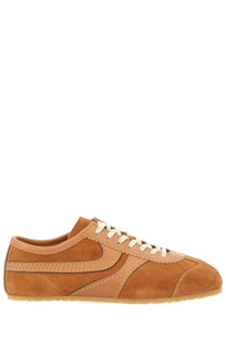 Dries Van Noten women’s low-top sneaker in tan suede with cream laces and matching rubber sole