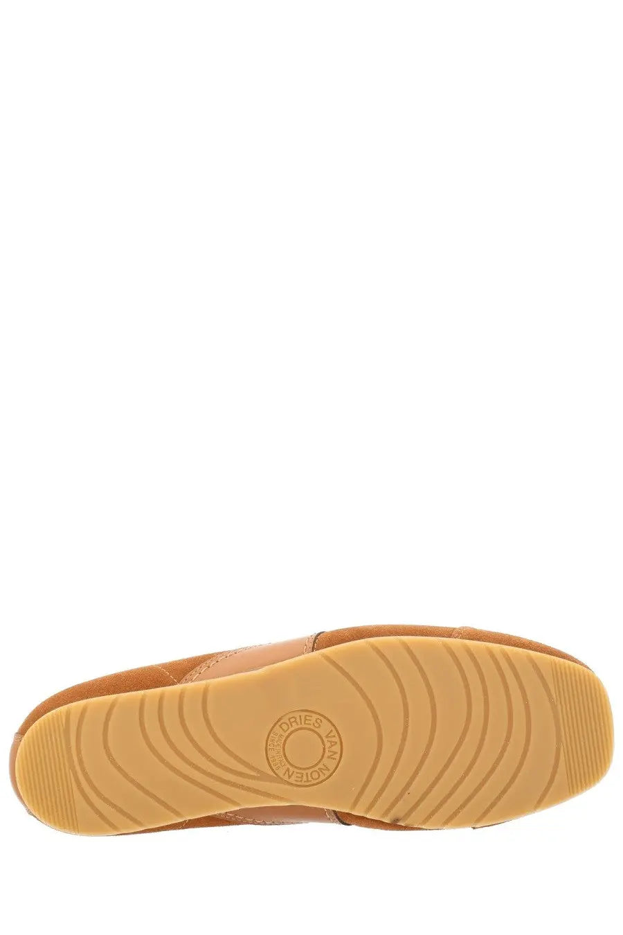 Tan suede slip-on womens sneakers by dries van noten with rubber sole featuring concentric circular patterns and brand name embossed