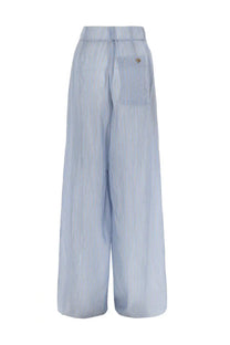 Dries Van Noten women’s wide leg pants in light blue and white vertical stripes with a high waistband