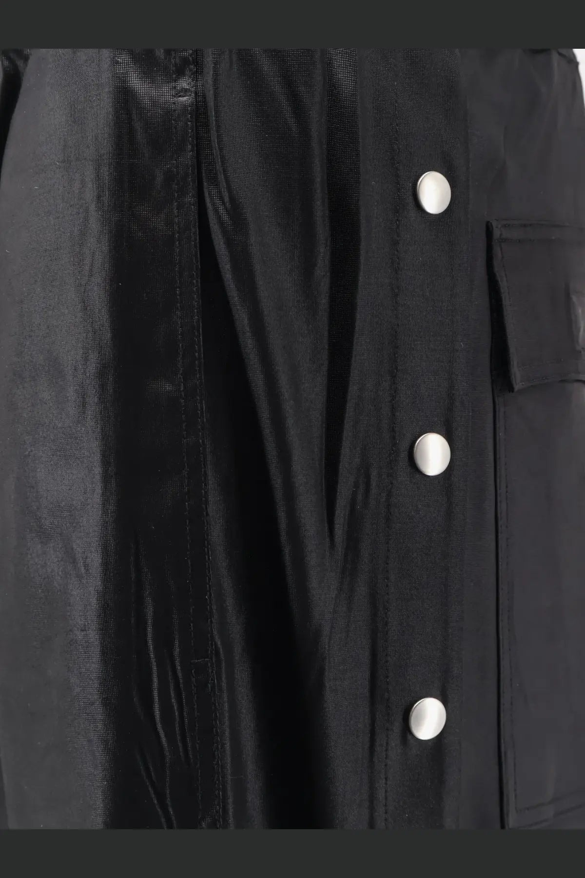 Drkshdw men’s black satin-like fabric jacket with silver-toned buttons and subtle sheen