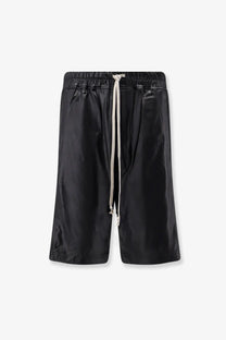 Drkshdw men’s acetate bermuda shorts in black satin with a white drawstring front view