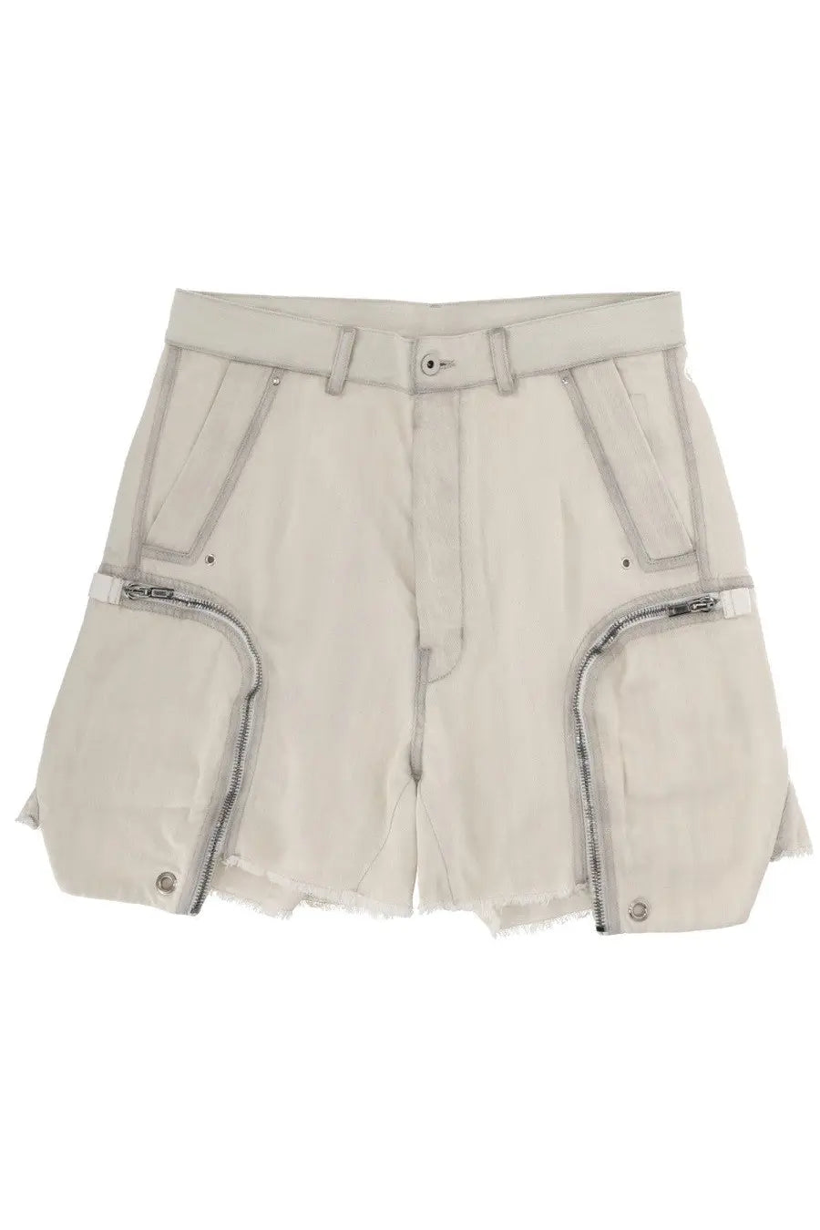 Beige drkshdw men’s bauhaus cargo shorts with zippered side pockets and frayed hem in white fabric