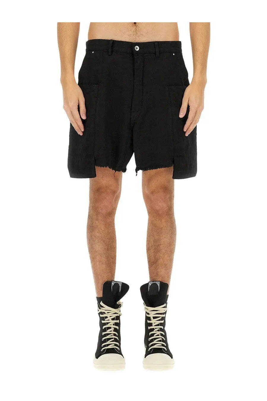 Drkshdw men’s bermuda cargo black shorts with raw frayed hem and two large side pockets made from durable fabric