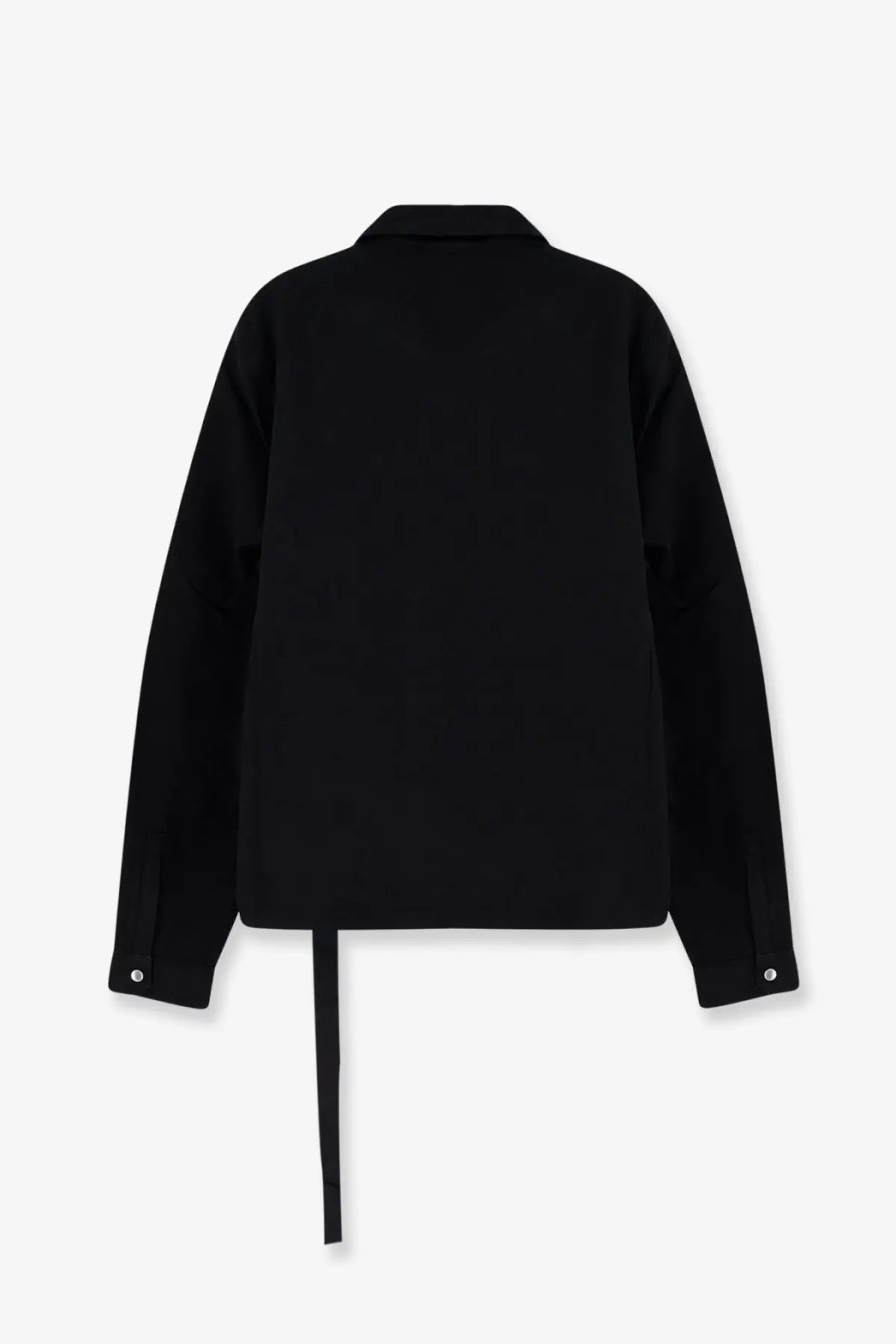 Back view of drkshdw men’s black denim jacket with oversized fit and subtle asymmetrical tie detail at the back