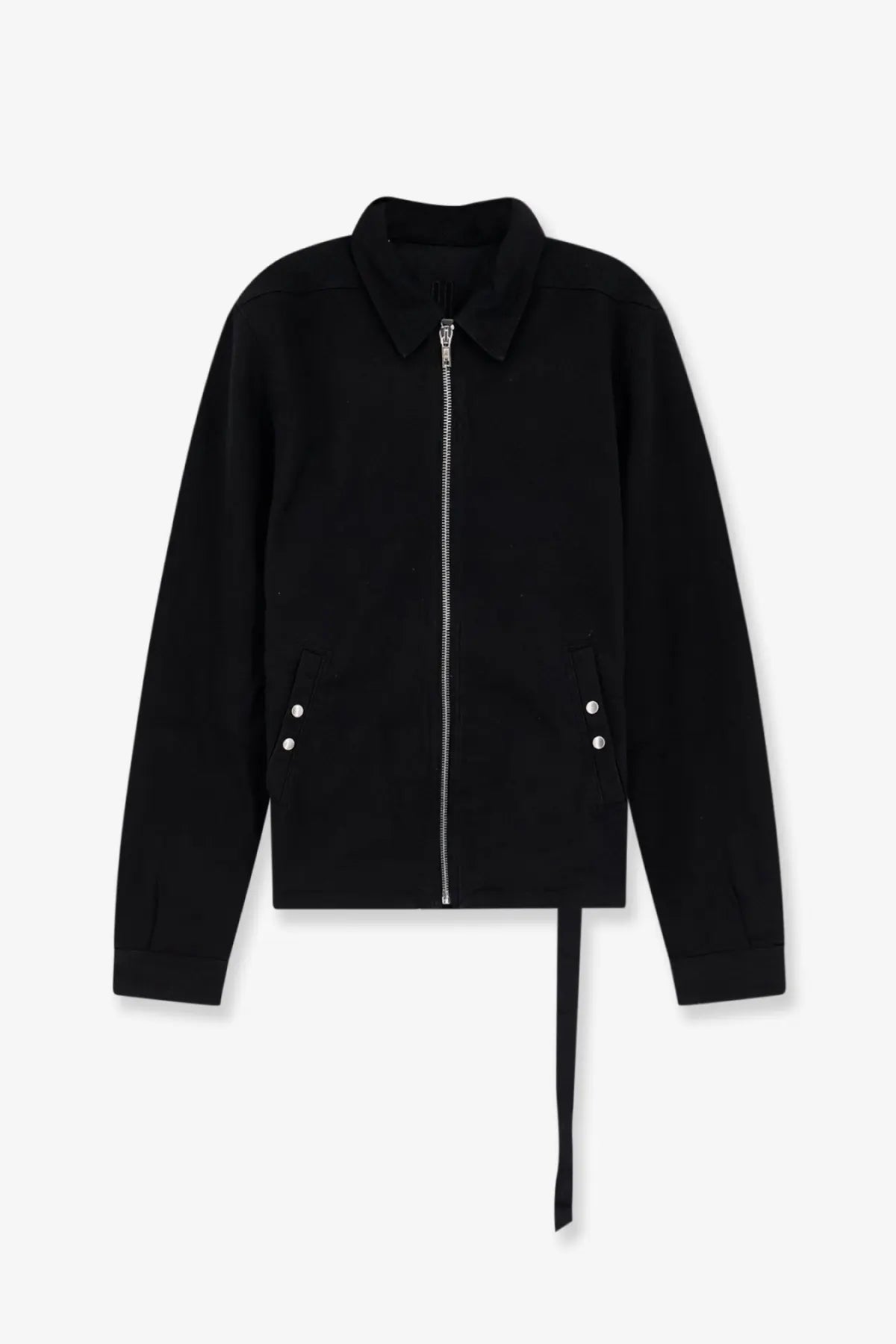 Drkshdw men’s black denim jacket with zip-up front, collar, and silver-toned button pockets