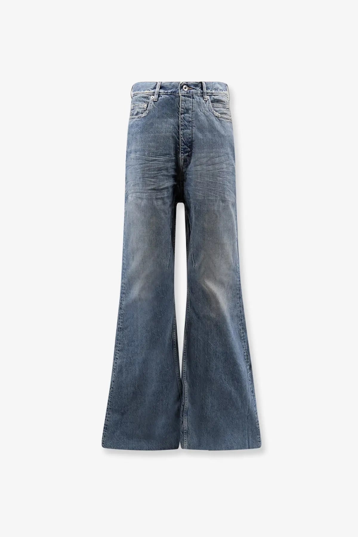 High waisted flared denim jeans in faded medium blue wash with subtle whiskering and distressing details by drkshdw men
