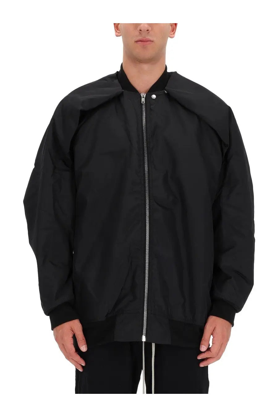 Drkshdw men’s bomber jacket in black featuring an asymmetrical design and silver zipper detail