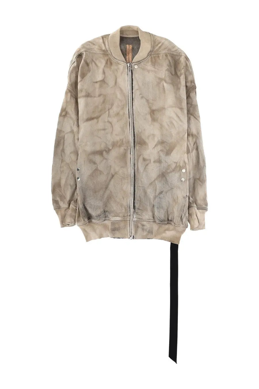 Drkshdw men’s bomber jumbo flight beige jacket with distressed crinkled texture and black strap detail at hem
