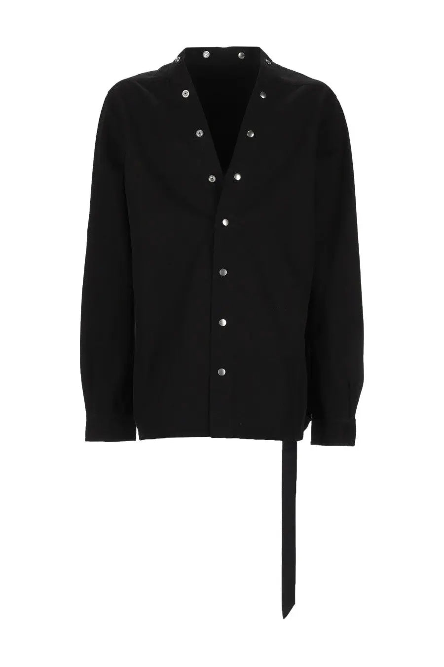 Drkshdw men’s camicia larry black long-sleeved button-up shirt with silver buttons and asymmetrical tie hem