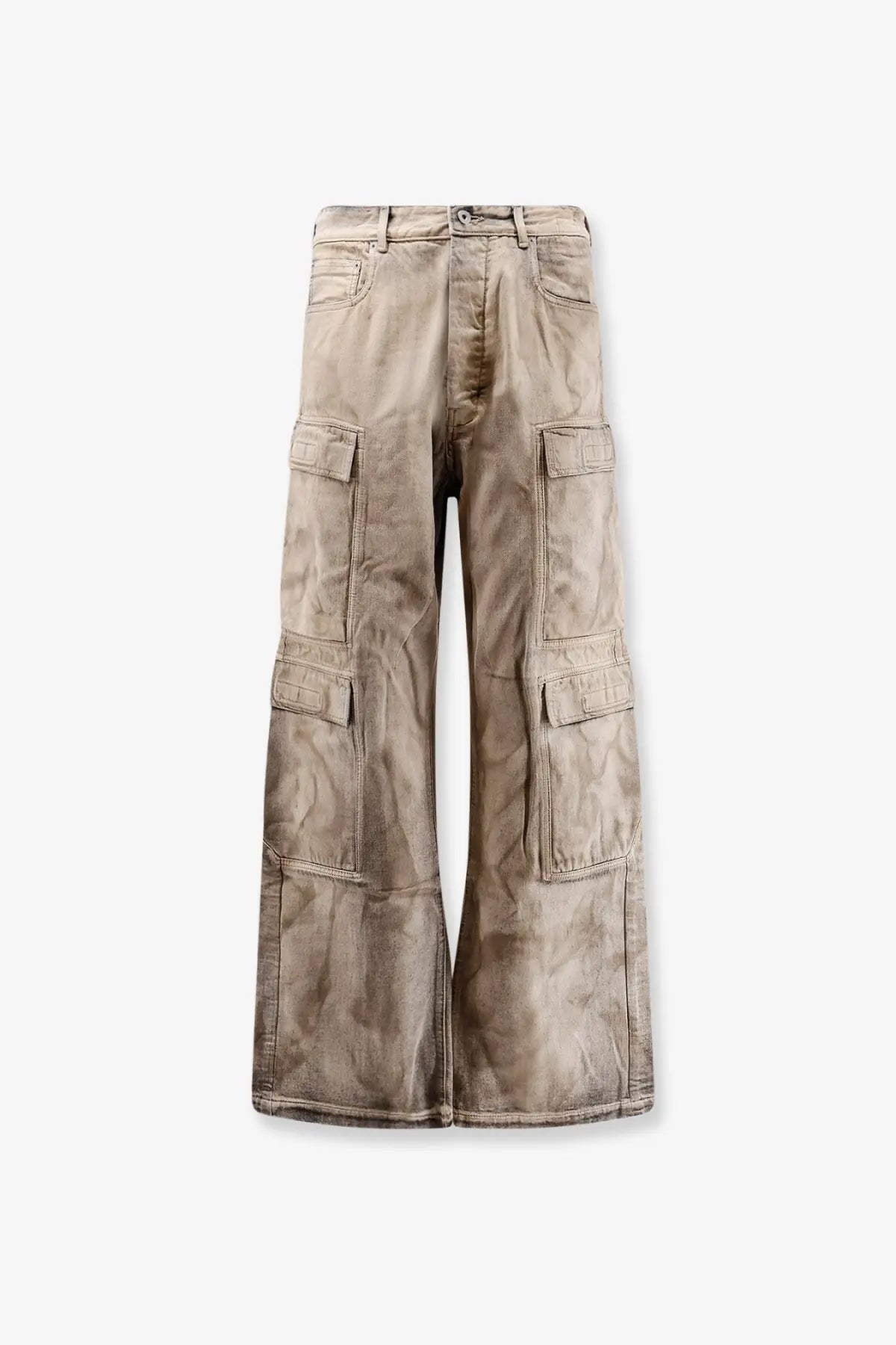 Beige drkshdw men’s cargo denim jeans with relaxed wide-leg cut and multiple flap pockets in grey material