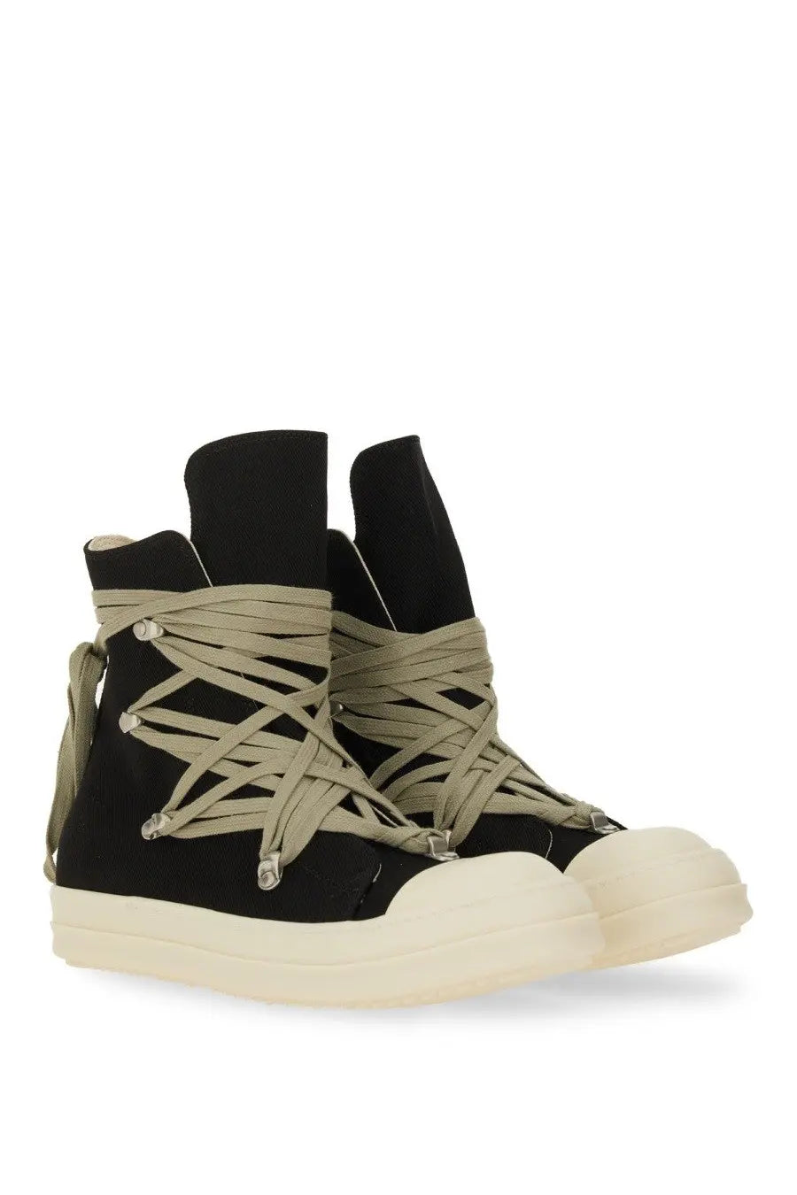 Drkshdw men’s concordians megalace black high-top sneakers with beige laces and cream rubber sole avant-garde design