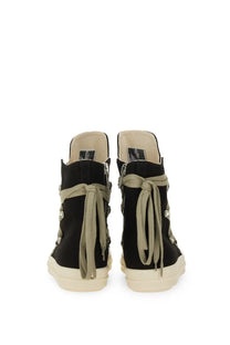 Drkshdw men’s Concordians Megalace sneaker black high-top with olive laces silver hardware and chunky off-white sole
