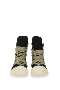 Drkshdw men’s concordians megalace black high-top sneakers with beige crisscross laces and white rubber sole