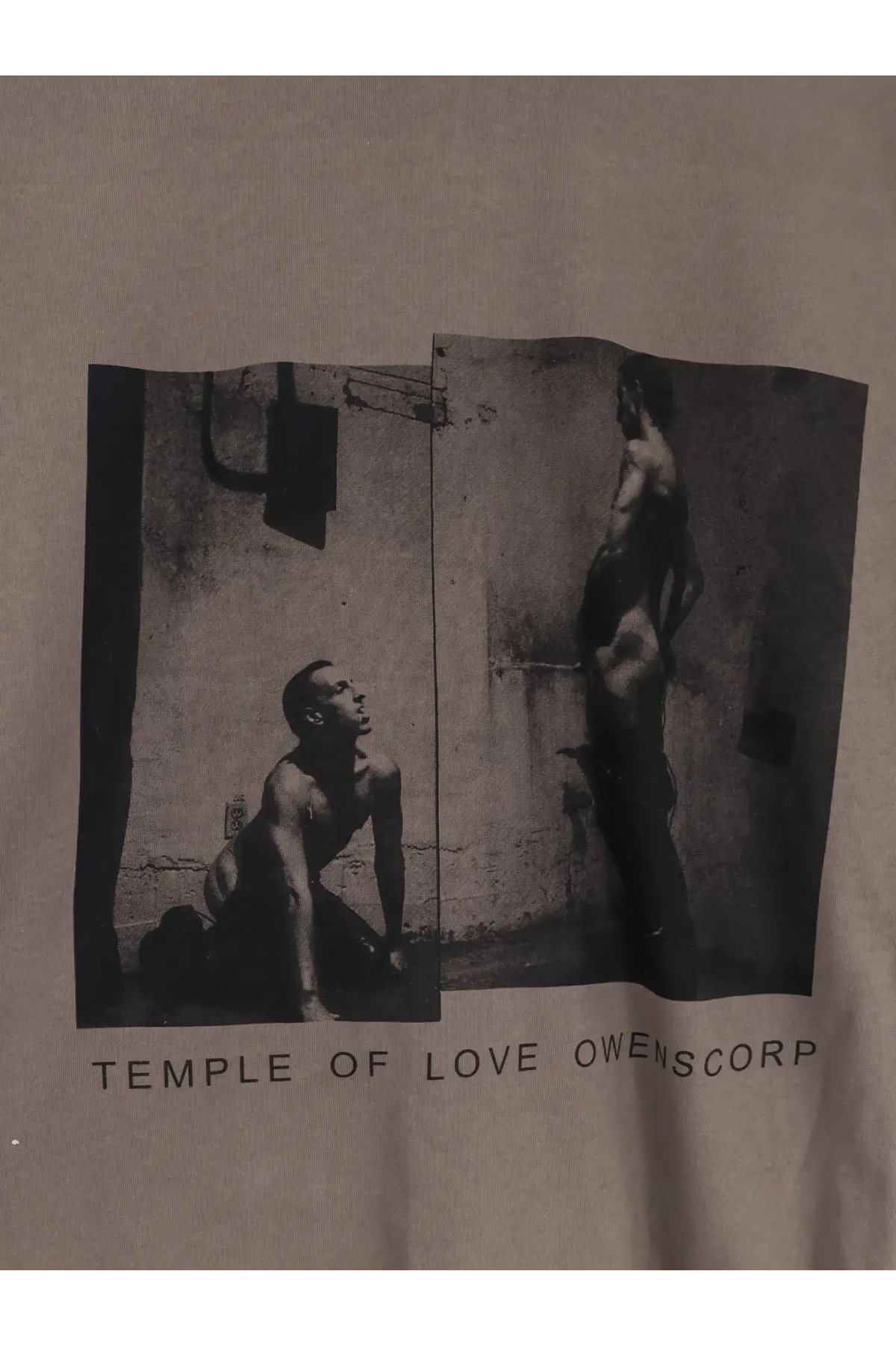 Beige drkshdw men’s cotton t-shirt with black and white photographic print and temple of love owenscorp text below