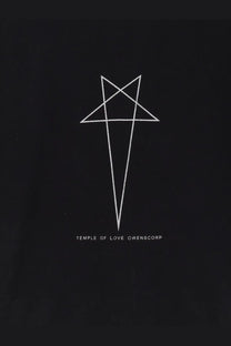 Minimalist white line five-pointed star design on black DRKSHDW men’s cotton shirt front side
