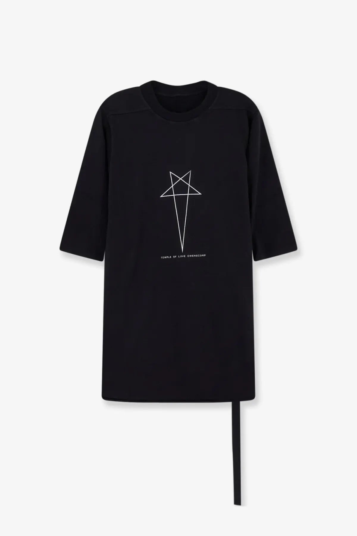Drkshdw men’s black cotton short-sleeved t-shirt with white geometric star design and asymmetrical hemline