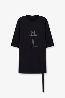 Drkshdw men’s black cotton short-sleeved t-shirt with white geometric star design and asymmetrical hemline