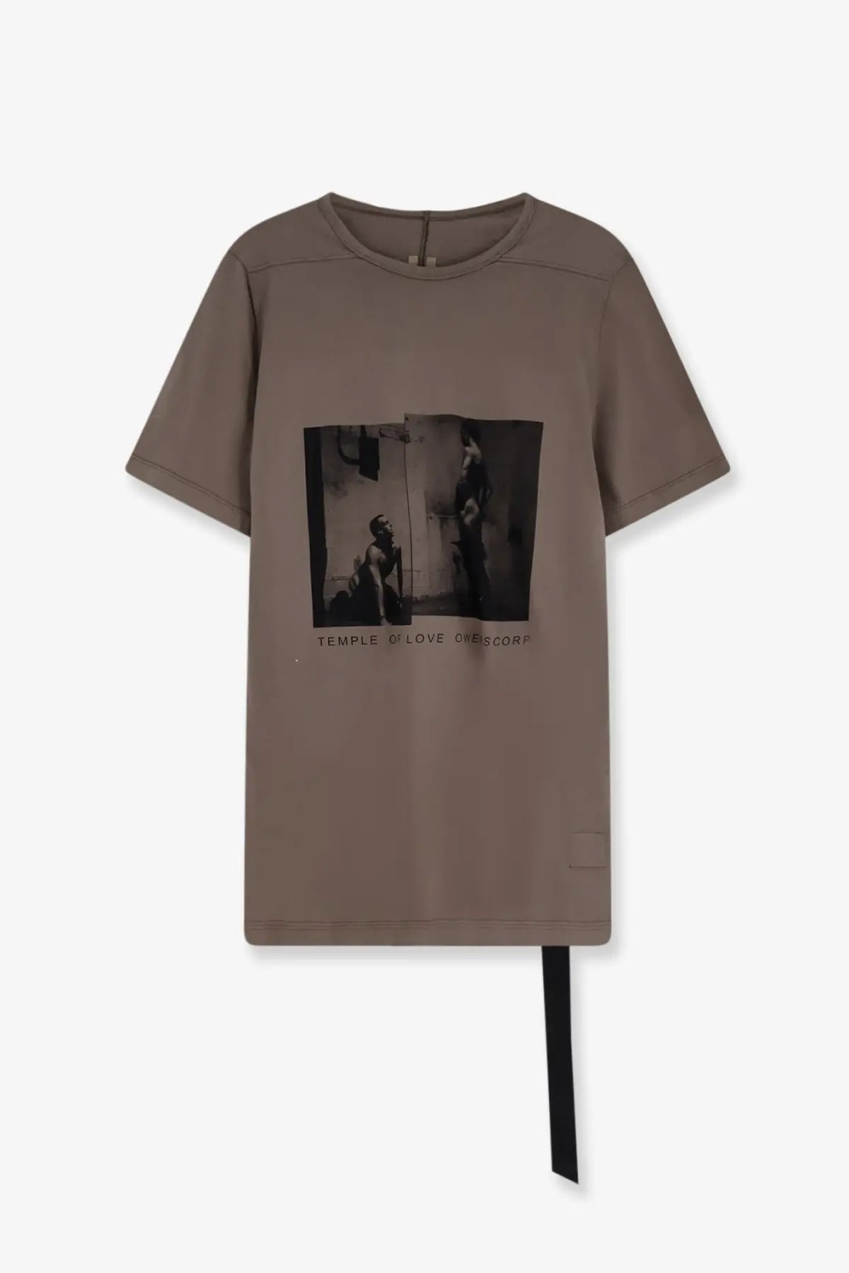 Drkshdw men’s cotton black shirt with taupe short sleeves and black and white alleyway photo print with text below