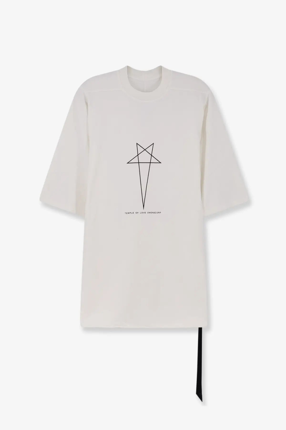 Off-white oversized cotton t-shirt with black minimal inverted pentagram and sample of love paradox text by DRKSHDW