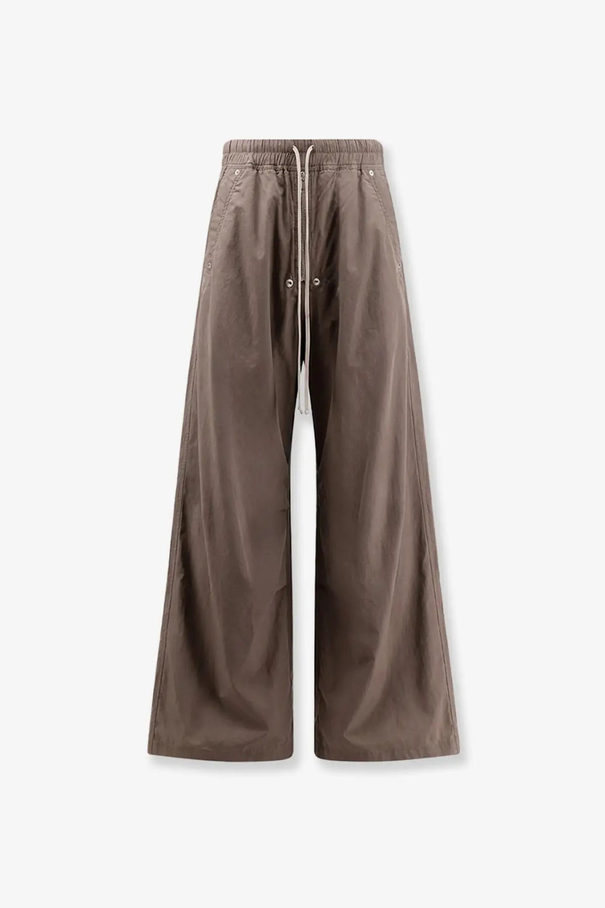 Drkshdw men’s cotton trousers grey featuring brown wide-leg pants with drawstring waist and subtle stitching details