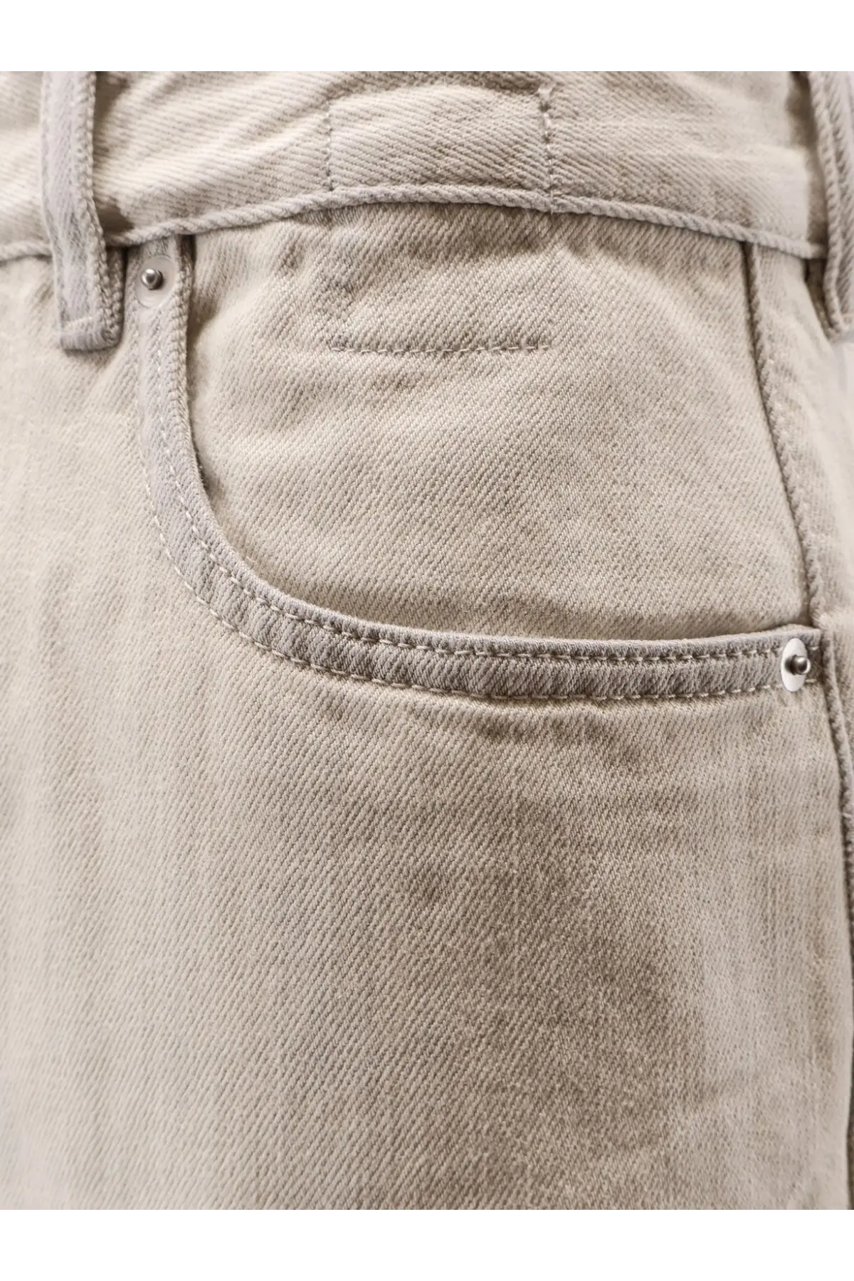 Beige denim jeans by drkshdw for men with subtle faded wash and reinforced stitching in white denim material