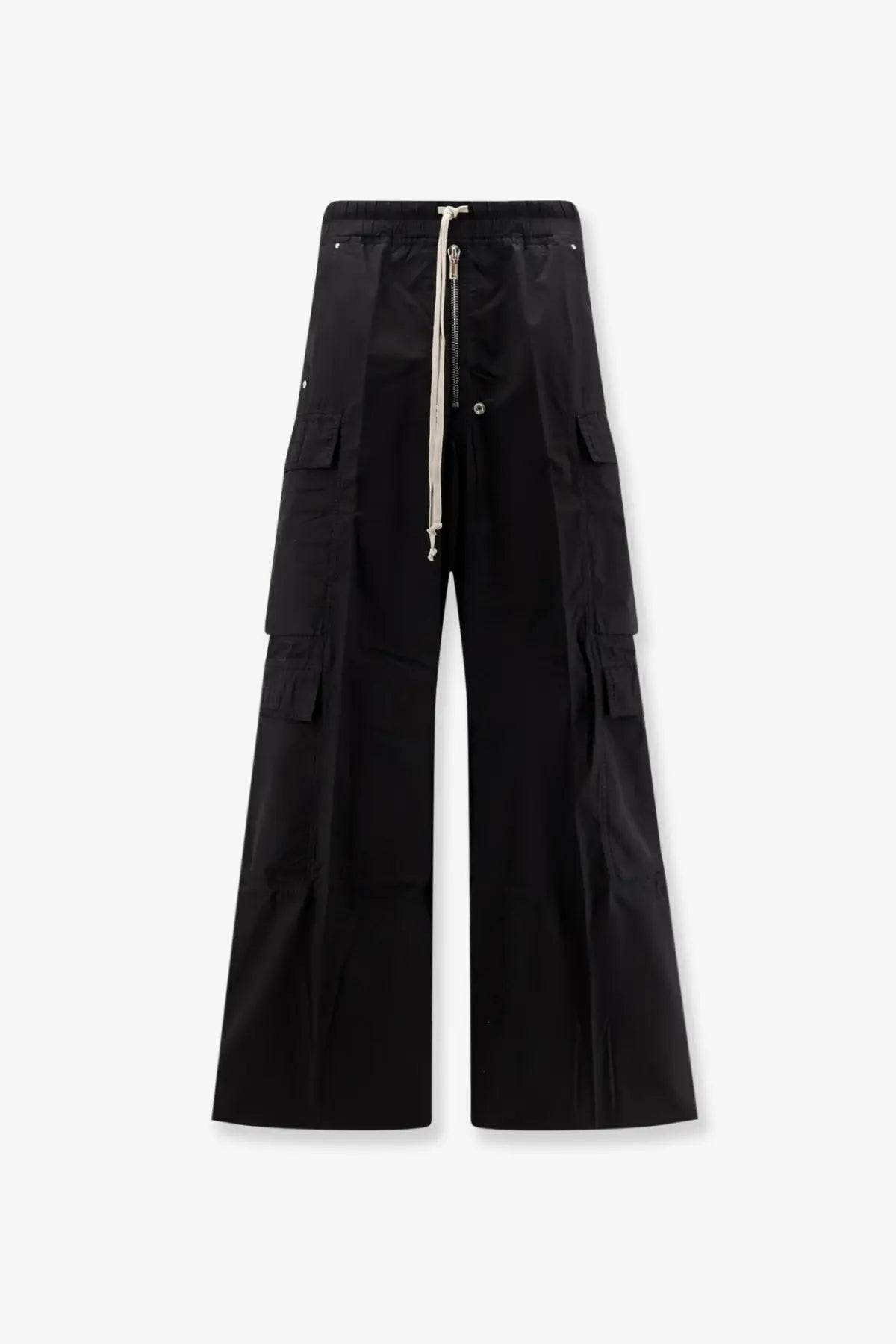 Black wide-leg cargo pants by drkshdw with drawstring waist and multiple pockets for men’s casual wear