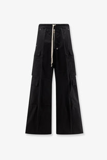 Black wide-leg cargo pants by drkshdw with drawstring waist and multiple pockets for men’s casual wear