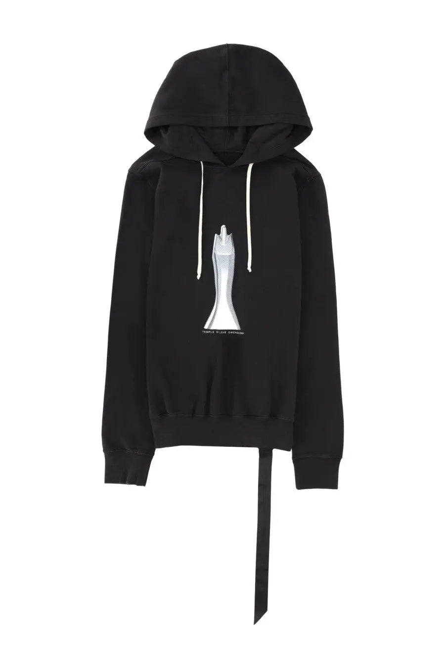 Drkshdw men’s oversized black felpa con cappuccio sweatshirt with white drawstrings and silver sculptural graphic front