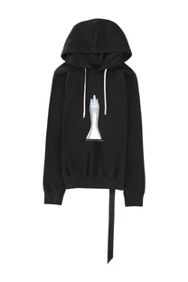 Drkshdw men’s oversize black hooded sweatshirt with white drawstrings, silver sculptural graphic, and long black hem ribbon